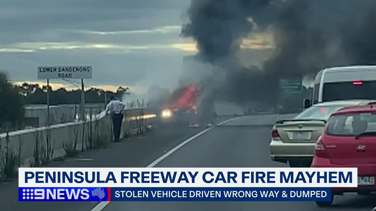 A stolen car drove at high speed into oncoming traffic this afternoon, on the Mornington Peninsula Freeway. Two teens jumped out and set the vehicle on fire. #9News