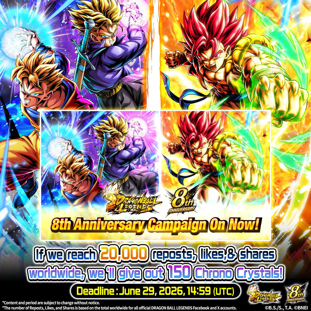◤Social Media Campaign◢ Celebrate the release of new 8th anniversary characters with a social media campaign! Get 150 CCs if this post reaches 20,000 reposts, likes, and shares worldwide! Ends: 6/29 14:59 (UTC) (Sched.) #UnpredictableDBL8th #DBL8thOriginalIgnite #DBLegends