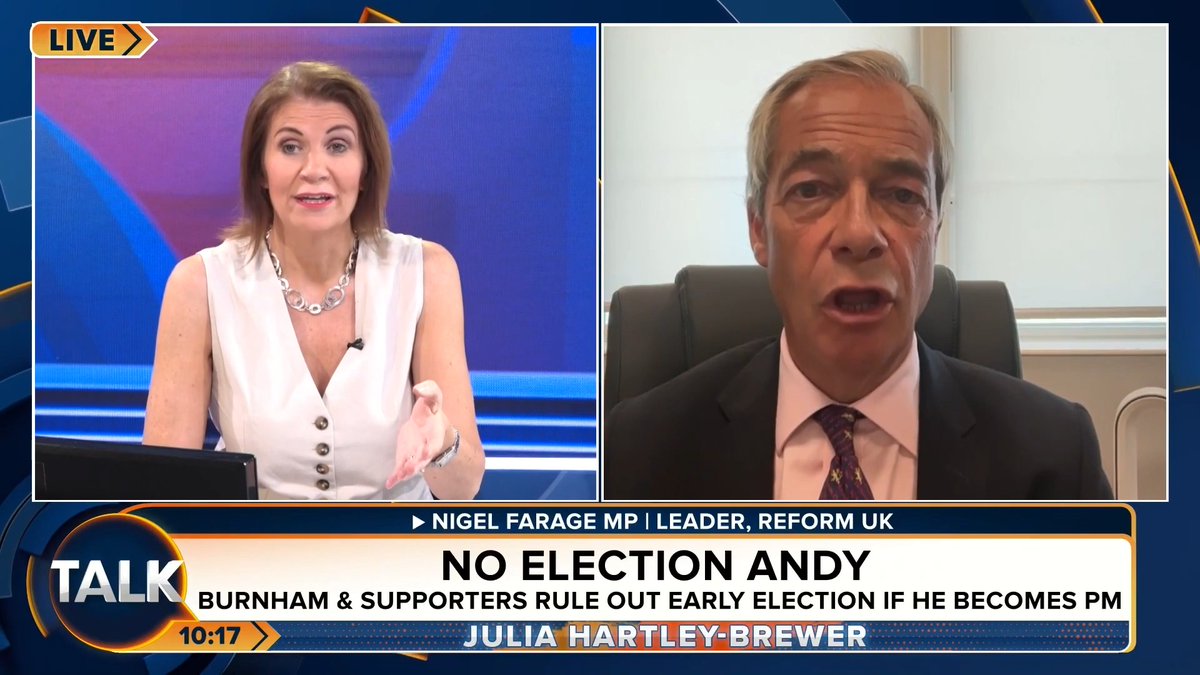 🚨Julia Hartley-Brewer asks Nigel Farage if he would rule out doing a deal with the Tories. Nigel Farage MP: "It's difficult to do a deal with a party that gave us Net Zero. It's difficult to do a deal with a party that gave us the Boriswave. I don't trust them." Julia Hartley-Brewer