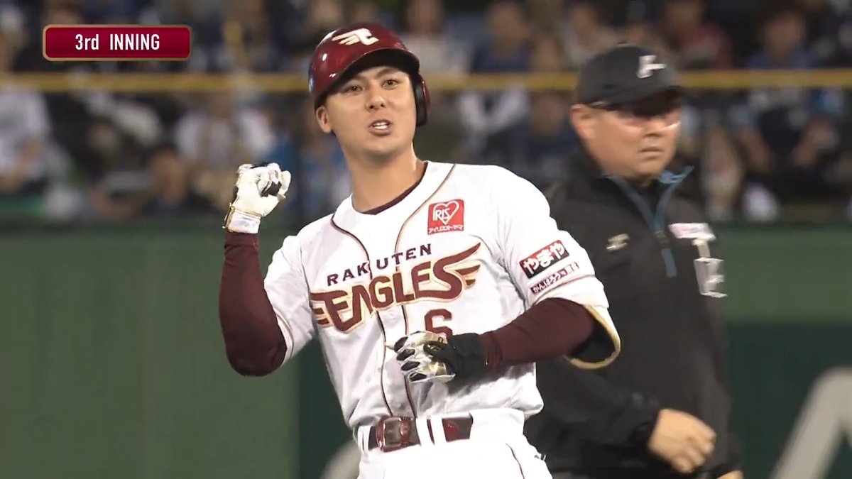 【3回裏：E 4-2 L 】 1死満塁の場面で #カーソン・マッカスカー 選手がタイムリーヒットを放ち、同点に追いつく🙌 尚もチャンスで #村林一輝 選手の勝ち越しのタイムリーツーベースヒットが飛び出し、この回4得点🔥 #RakutenEagles #強鷲革新