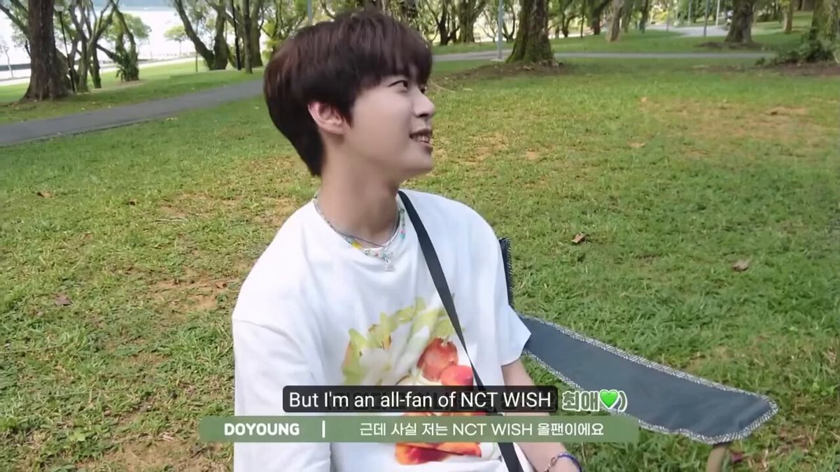 Doyoung: But I'm an all-fan of nct wish. Anyway, I am an all member fan, all-fan of wish. I just like it when they're together. So I go over to their waiting room a lot to hang out, but there's someone who goes more than I do. Do you know who that is? it's Minho hyung 😆 I don't know why he keeps going over to hang out with the wish kids when I have to go~~! 😭😆😭😆
