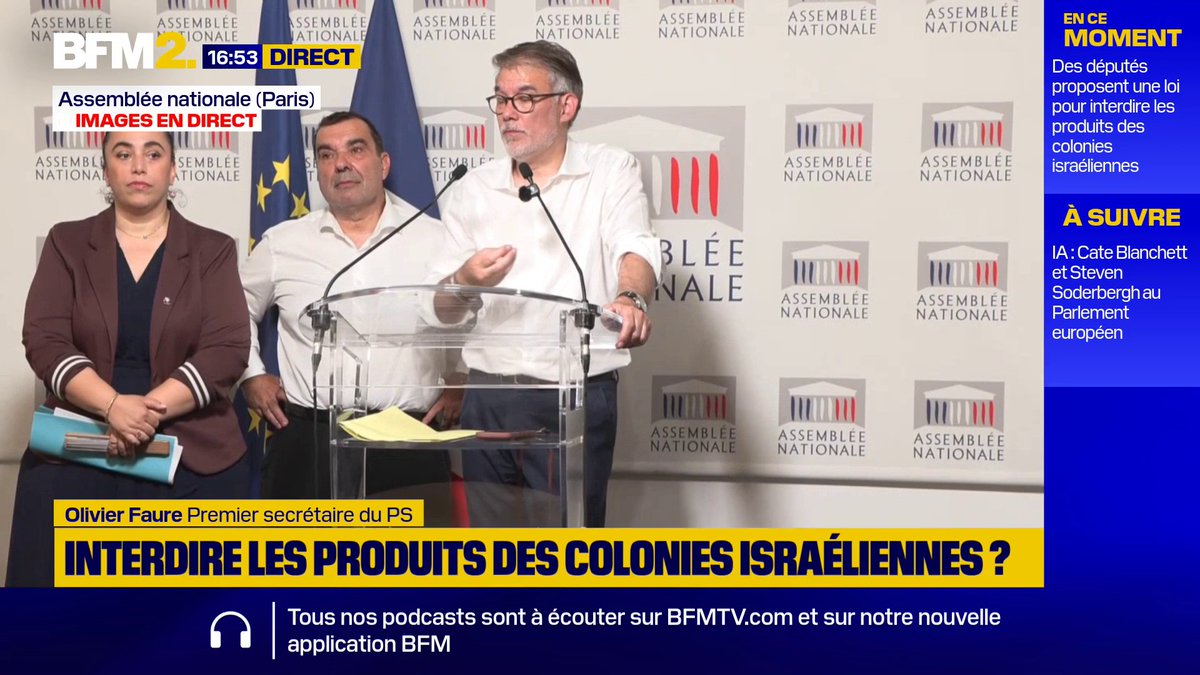 💬"Si nous laissons s'étendre la colonisation (...), il n'y aura plus rien pour pouvoir laisser place à la solution à deux États" ➡️Olivier Faure défend une proposition de loi transpartisane pour interdire les importations des produits des colonies israéliennes #BFM2