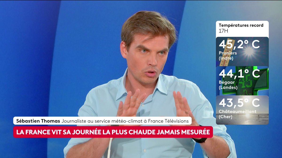 🔴 🗣️ Canicule : "Désormais, quand on dira quel a été le jour le plus chaud dans l'histoire de notre pays depuis le début des relevés, on dira 23 juin 2026", souligne Sébastien Thomas, journaliste au service météo-climat à France Télévisions. #ToutEstPolitique #Canal16