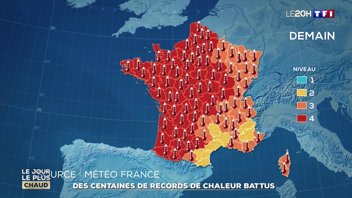 🌡️ Canicule : ce 23 juin 2026, la France vient de connaître le jour le plus chaud de son histoire ! La température moyenne nationale a atteint 29,8°C, du jamais vu depuis 1947. Des centaines de records absolus ont été battus 📺 #LE20H présenté par Gilles Bouleau