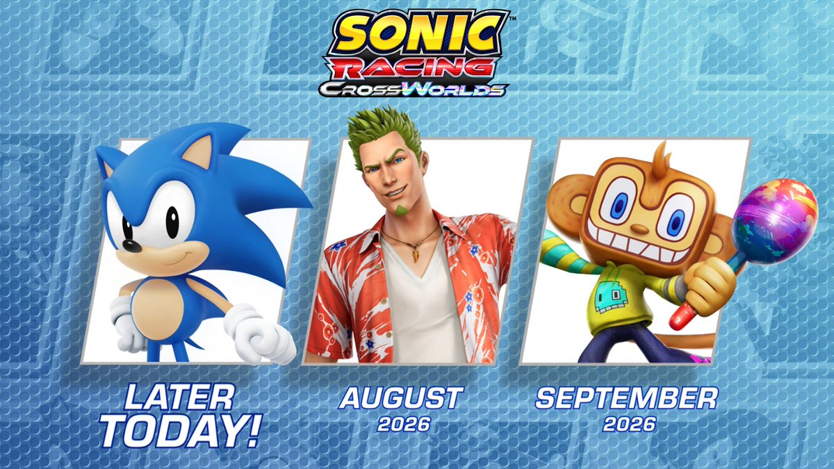 A birthday gift from us to you...more Sonic Racing: CrossWorlds characters coming soon! 🌀 Classic Sonic - releasing later TODAY! 🚕 Axel - August 2026 🪇 Amigo - September 2026 Cruise down the tracks with an all-new SEGA music collection.