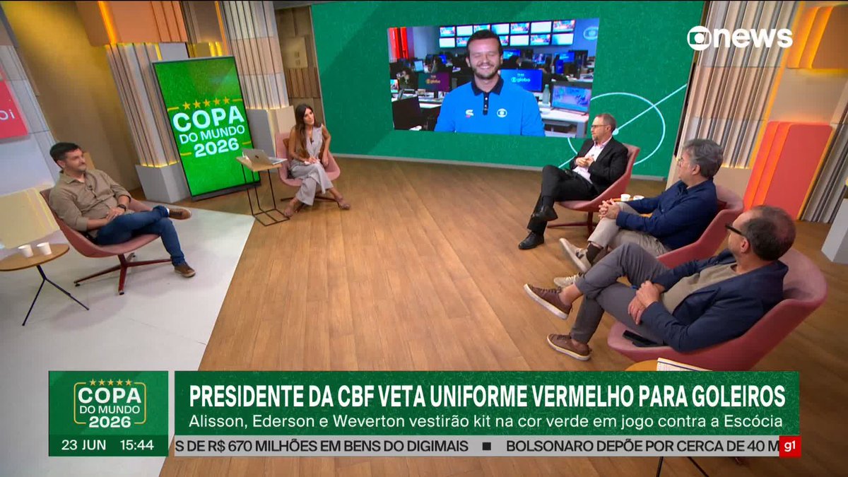 Presidente da CBF veta uniforme vermelho para goleiros. Alisson, Ederson e Weverton vestirão o kit na cor verde em jogo contra a Escócia, na próxima quarta-feira (24). ➡ Assista à #GloboNews ao vivo: #Estúdioi