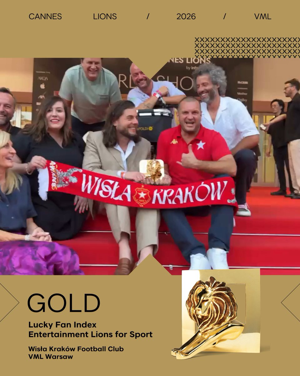 “The Lucky Fan Index” by Wisła Kraków and VML won Gold in Entertainment Lions for Sport LIONS | The Home of Creativity – Poland’s first-ever Lion in this category. One undeniable truth: every fan makes a difference. Congrats to the team for redefining what’s possible.