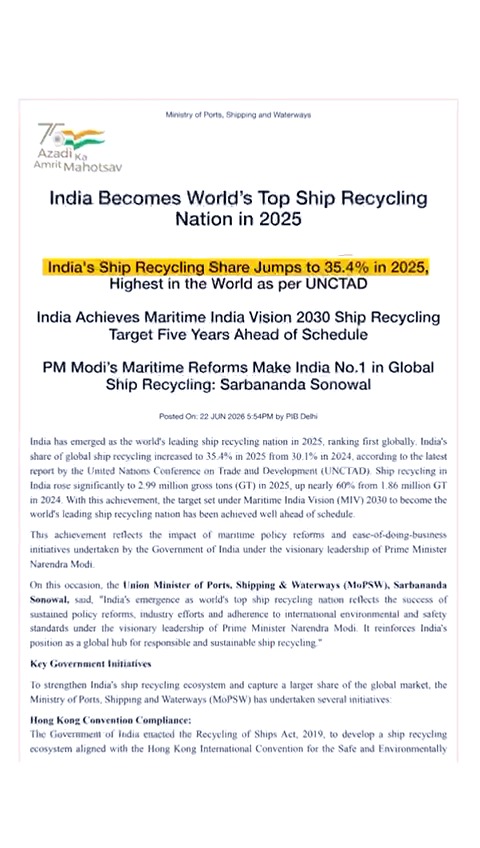 Charting a course for global excellence. India is now the world’s leading ship recycling nation, driven by strong infrastructure and green reforms under Maritime India Vision 2030. 🇮🇳