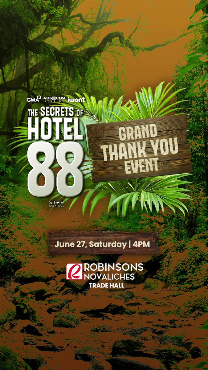 Now that the secret is out, let's check in one last time... 🔑🚪 Kaya tara na sa #TheSecretsofHotel88 GRAND THANK YOU EVENT with the cast! See you all this JUNE 27, 4PM at Robinsons Novaliches! 😃 While waiting for Saturday, mag-binge-watch na ng complete episodes sa iWant! STAR CREATIVES