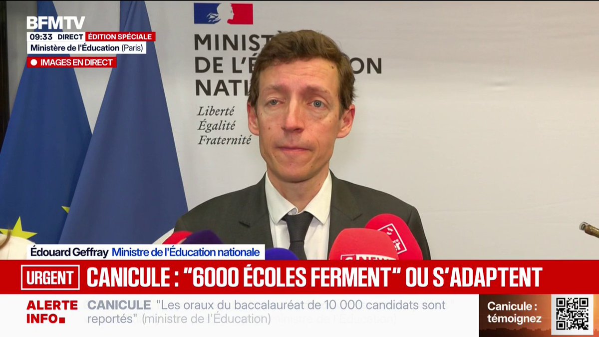 Canicule: "la climatisation peut être très utile dans un certain nombre d'établissements" mais la décision "dépend des collectivités territoriales", affirme le ministre de l'Éducation nationale