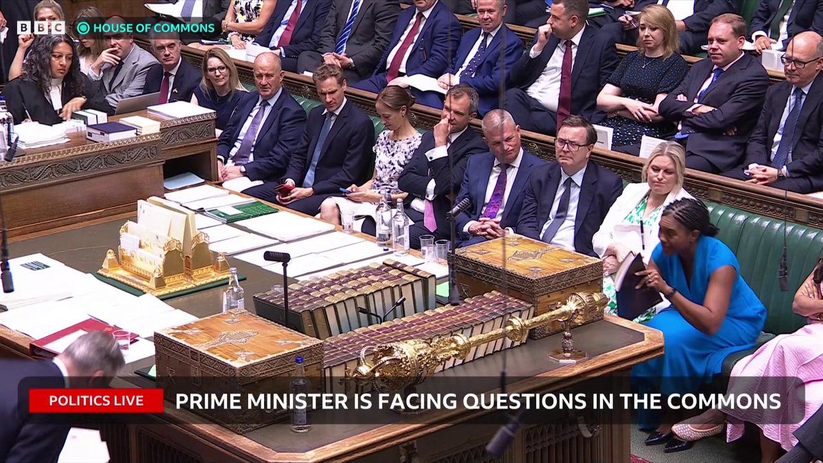 Conservative leader Kemi Badenoch says the Labour Party has "abandoned" Keir Starmer for "a pair of eyelashes and a black T-shirt" The PM replies that while he has been in power, there has been "change delivered by a Labour government" #PMQs