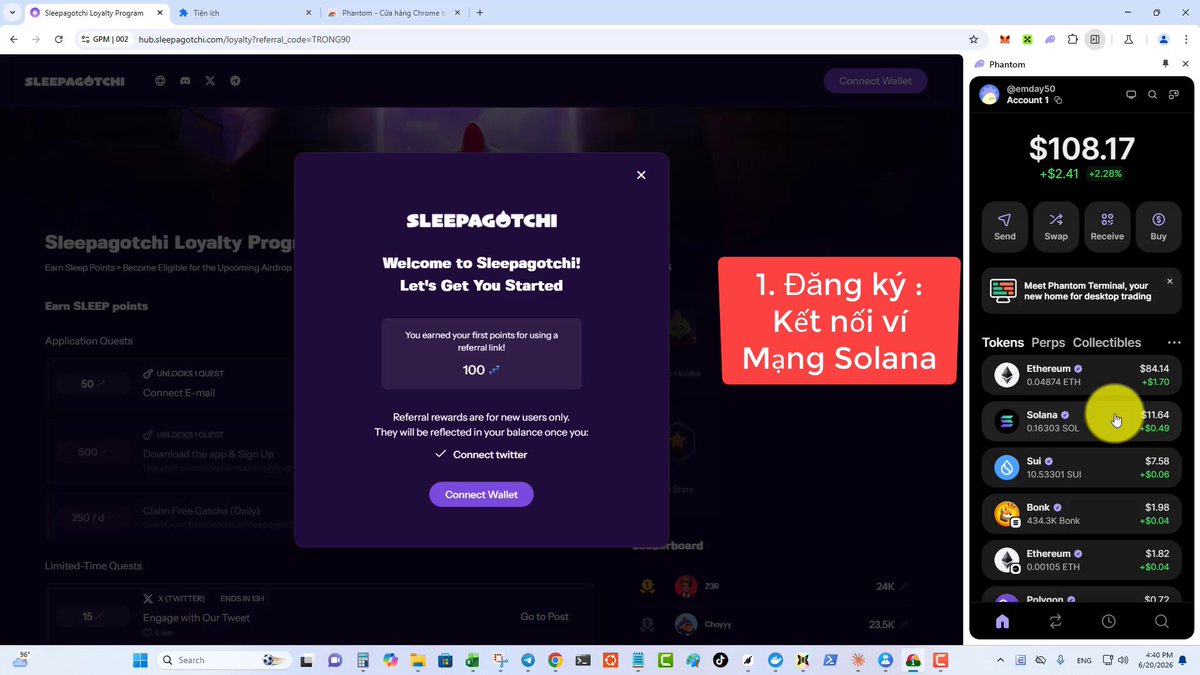Video Hướng Săn Airdrop Sleepagotchi 💤🦖 Full không che 🎥Video/Bài này Tôi đã tổng hợp lại từ những bài rời rạc trước đó , Thành mội bài hoàn chỉnh nhất ✅Dự án đã xác nhận có Airdrop, Kèo miễn phí ít người làm Hiện kiếm được rất nhiều điểm Points từ làm nhiệm vụ đơn giản ở Game trên điện thoại Bên Loyalty và Game liên quan mật thiết với nhau , khi đăng ký phải dùng cùng 1 Email nha 🔹Game free , lại kiếm được điểm points, sau này sẽ Quy ra Airdrop 💠Chơi Game là một cách kiếm được nhiều điểm Points nhất Phần 1️⃣ : Đăng ký tham gia Hub Loyaty 1,Link Loyalty: 2, Kết nối ví Mạng Solana 3, Liên kết Email Phần 2️⃣ : Tải Game & làm nhiệm vụ kiếm điểm Point - Hiện làm Nhiệm vụ chơi Game kiếm đực nhiều điểm Points bên Loyalty 1 , Tải game & Đăng ký tài khoản (nếu chưa có) Nhận 500 Points 👉🏻 Link Tải game : • Đăng ký bằng Email, email nhớ trùng với bên Loyalty • Đăng ký xong nhận 500 Points bên Loyalty 2, Mở Gacha : hay gọi là túi mù (Claim được 250 Points / Ngày) Có 2 loại Gacha 1: Mở free , 8 giờ mở 1 lần ( nhận được thêm điểm bên Loyaty) 2: Mở gói 10 túi: Cần 1000 Gem để mở Trong Gacha sẽ mở ra các thẻ anh hùng, dùng thẻ này để nâng cấp sao 3, Kiểm Tra tâm Trạng - Mood Check (Claim được 350 point / Ngày) • Vào "Sleep Coach" • Vào “Hou Do You Feel” • Chọn tâm trạng là xong 4, Claim phầm thưởng • Claim ở mục phần thưởng • Level Profile càng cao thì phần thưởng càng nhiều • Sẽ có thời gian tích phần thưởng, thời gian càng lâu phần thưởng tích luỹ càng nhiều 5, Nhận Quà của giấc ngủ • Hàng sáng vào Nhận phần thưởng giấc ngủ • Quà này rất to, nên nhớ vào nhận, không được quên • Quà là : Vàng , xanh , tím : dùng để nâng cấp level cho anh hùng • Quà là : thẻ anh hùng: dùng để nâng cấp sao • Quà là : đồ trang trí cho phòng ngủ • Chia sẻ Day Streak : để nhận thêm Gem 6, Mời bạn bè tham gia • Mời bạn bè tham gia để nhận thêm Gem • Gem sẽ dùng để mở Gacha (túi mù) 7, Nâng cấp • , Nâng cấp Level cho thẻ anh hùng Dùng phần thưởng: vàng, xanh, tím; để nâng cấp • , Nâng cấp sao cho thẻ anh hùng Dùng thẻ để nâng cấp, câc thẻ giống nhau Nhận thẻ ở phần mở túi mù (Gacha) 8, BATTLE ( chiến đấu ) • Có 2 chế độ chơi: và nên chơi cả 2 • Sếp đội: một đội gồm 3 thẻ anh hùng, nên có 1 tank, 1 Suport , 1 Dame chính • Chơi thắng sẽ được tính số trận thắng để có trên bảng xếp Hạng • Thắng Nhận được phần thưởng :Vàng ,Xanh , tím . Để nâng cấp cho thẻ tướng • Thắng nhận được Xp để lên level cho profile 9, Check điểm Bên Loyaty xem đã được cộng chưa • Sau khi mở Gacha ở bước 2, thì bên Loyaty cũng sẽ tự động cộng điểm • Điểm sẽ tự cộng mà không cần claim nha Bên cạnh đó vẫn Cày kèo Quip Network Canopy Nucleus