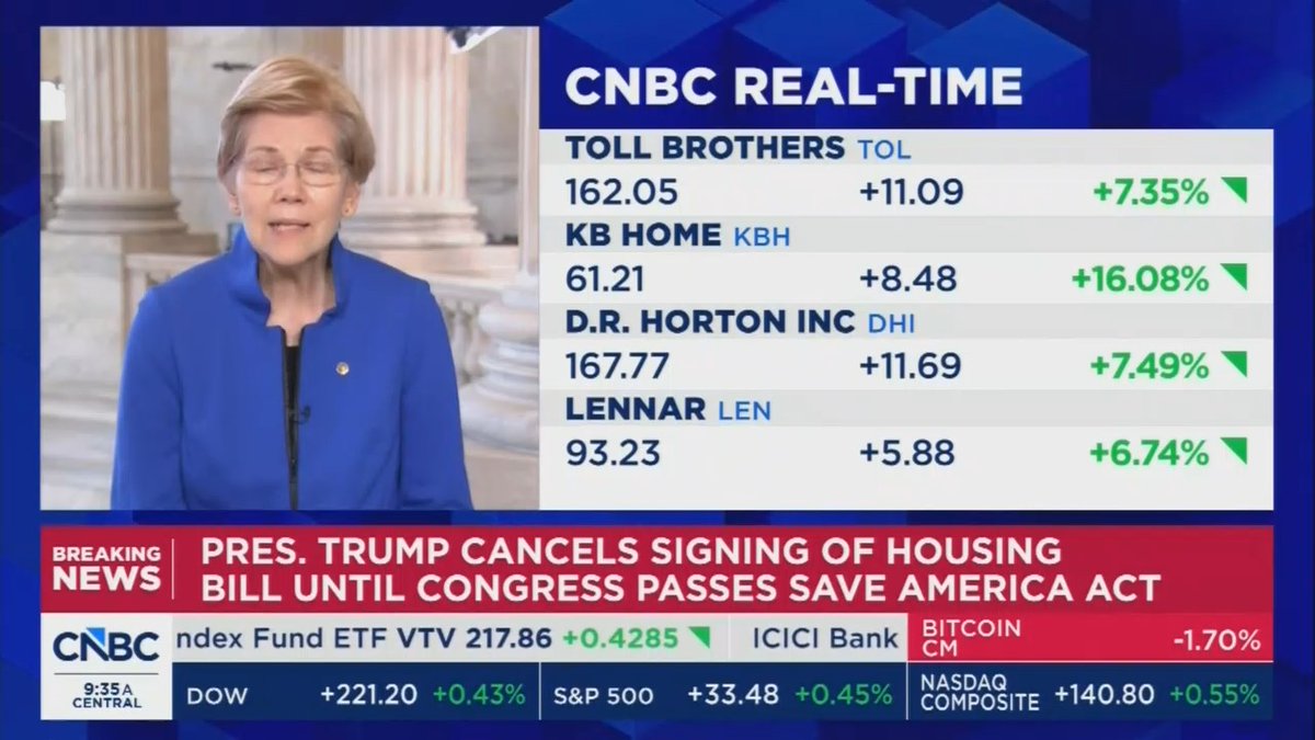 Sen. Warren lays into Trump for canceling the bipartisan housing affordability bill: Donald Trump holds a complete indifference to the cost squeeze on American families and to genuine efforts to do something about it. He could be over here claiming a victory. Instead he's saying 'No.' It's because he really doesn't care about American families and doesn't care about the fact that prices are up.