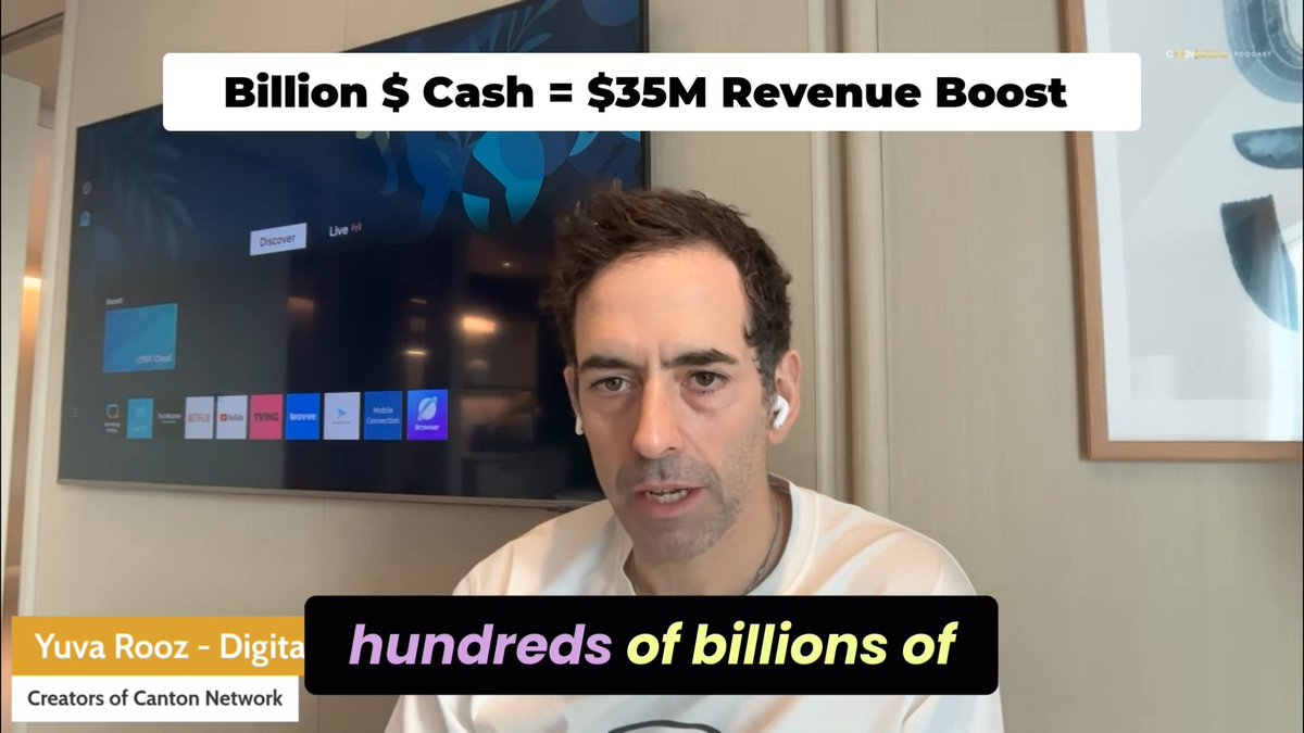 Global organizations hold idle cash buffers because money cannot move in real time. On Canton with Tradeweb, a tokenized deposit converts to a money market fund 24/7, turning $1 billion of operating cash into $30-35M in additional revenue. Yuval Rooz on Coin Bureau Podcast.