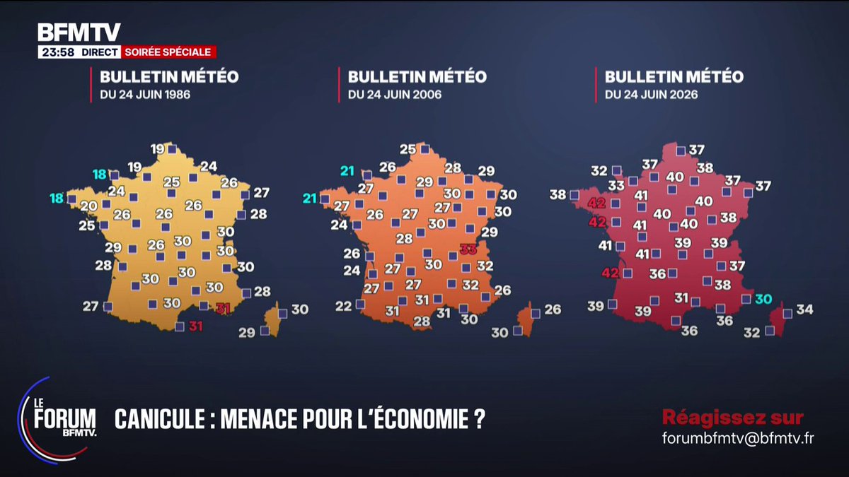 Canicule: la carte des températures en France du 24 juin 2026, comparée à celles du 24 juin 1986 et 2006 #ForumBFMTV