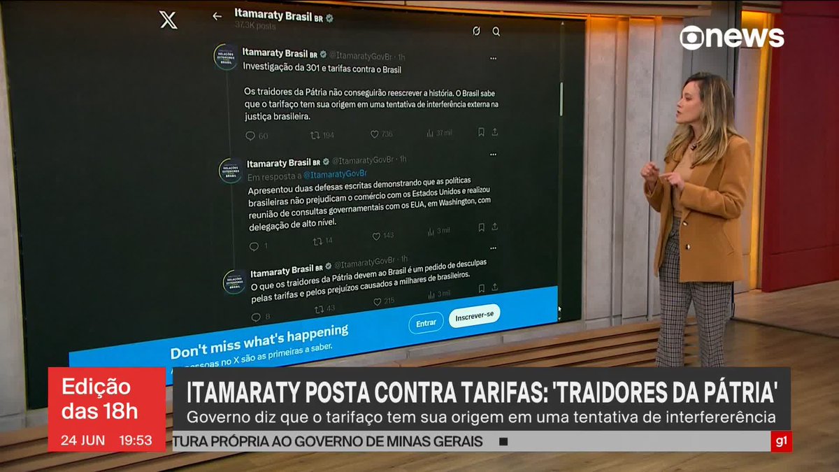 Itamaraty faz publicação contra tarifas: "Traidores da pátria". ➡ Assista à #GloboNews ao vivo: #Edição18