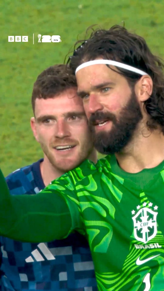 Familiar faces after full-time 🤝 Former Liverpool teammates Andy Robertson and Alisson Becker shared a moment after Brazil beat Scotland.
