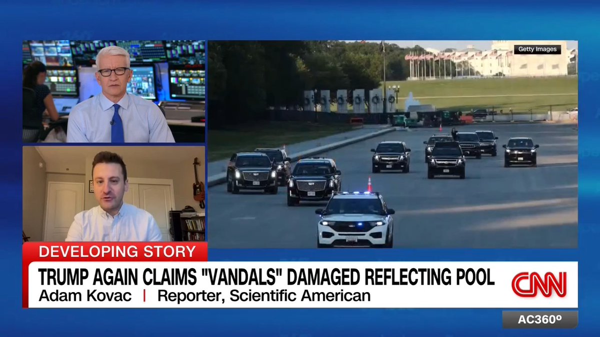 There has been speculation about what may have caused or contributed to the blue coating problems at the DC Reflecting Pool. According to Scientific American reporter Adam Kovac, one possibility could be the presidential motorcade driving on the pool during construction.