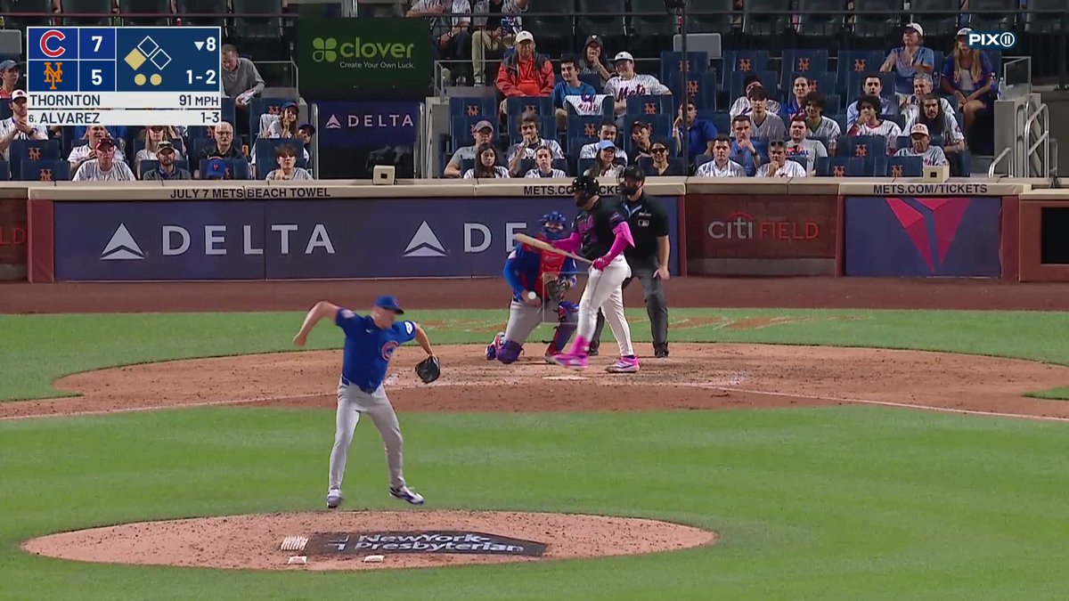 Francisco Alvarez breaks the bat after he strikes out to end the 8th inning
