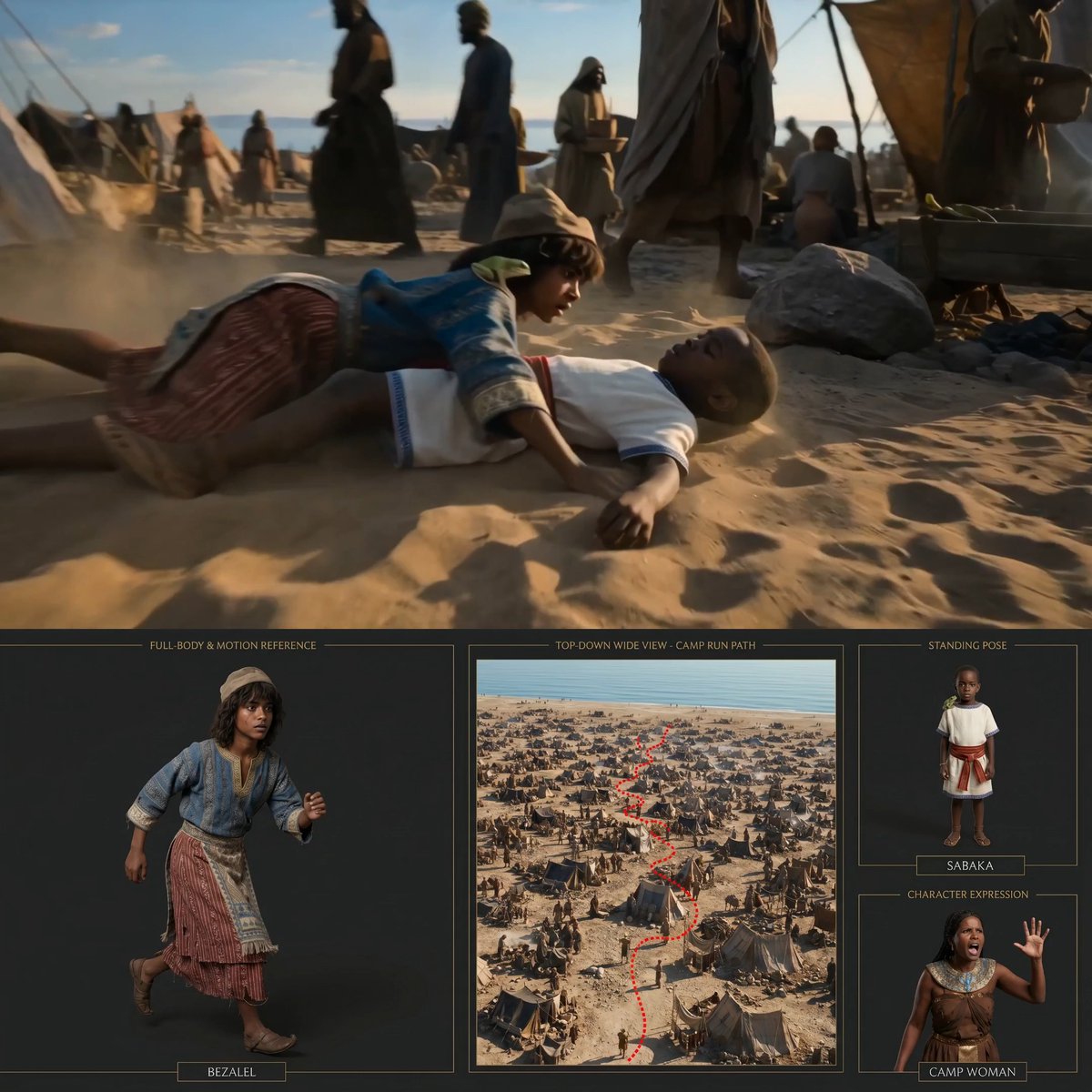 Character consistency was AI video's biggest wall. Seedance 2.0's native 4K + Nano Banana Pro just cleared it. Shadows, skin tones, edge detail, all holding up even in motion. Look at the reference sheets below, then watch the shot. Bezalel, Sabaka, the whole camp. Every face locked to its reference across one continuous take, zero drift. The sheet even maps his run: a red path tracing his route through the tents before he collides with Sabaka. THE BOOK OF MOSES premieres Friday. 🌊