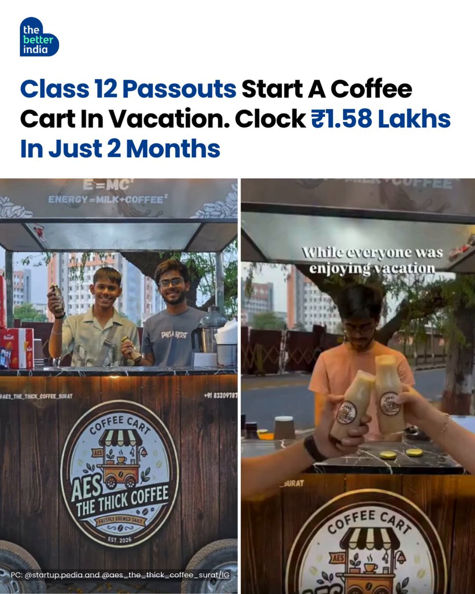 Most teenagers spend their post-board-exam holidays taking a break. These two friends spent theirs building a business. After finishing Class 12, Surat teenagers Shreyanshu Rana and Pratham Pengawala turned a simple school fair experiment into a cold coffee venture of their own. What started with selling 150 cups at a school event soon became Aes The Thick Coffee, a customised open-air coffee cart serving students opposite Veer Narmad South Gujarat University. Instead of waiting for college to begin, the duo invested nearly ₹90,000, designed their cart from scratch, and launched their venture in April 2026 with a simple goal: serve premium café-style cold coffee at affordable prices. From selling 30-35 bottles on day one to building a loyal customer base, the young founders now operate daily from 5:30 PM till midnight. In less than three months, their venture has reportedly generated between ₹1.18 lakh and ₹1.58 lakh in revenue. Before college could give them a career path, these two teenagers created one for themselves. #Startup #Entrepreneurship #SuccessStory #Surat [Young entrepreneur, Coffee Startup, Surat]