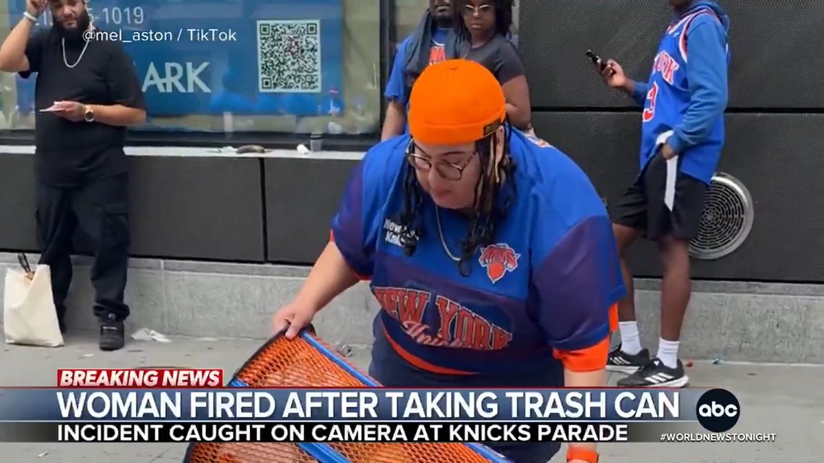 JPMorgan Chase says it fired a woman from her job after a video appeared to show her dumping trash from a Knicks-themed trash can during the team's championship parade. The sanitation department said the bin was returned. Aaron Katersky reports.