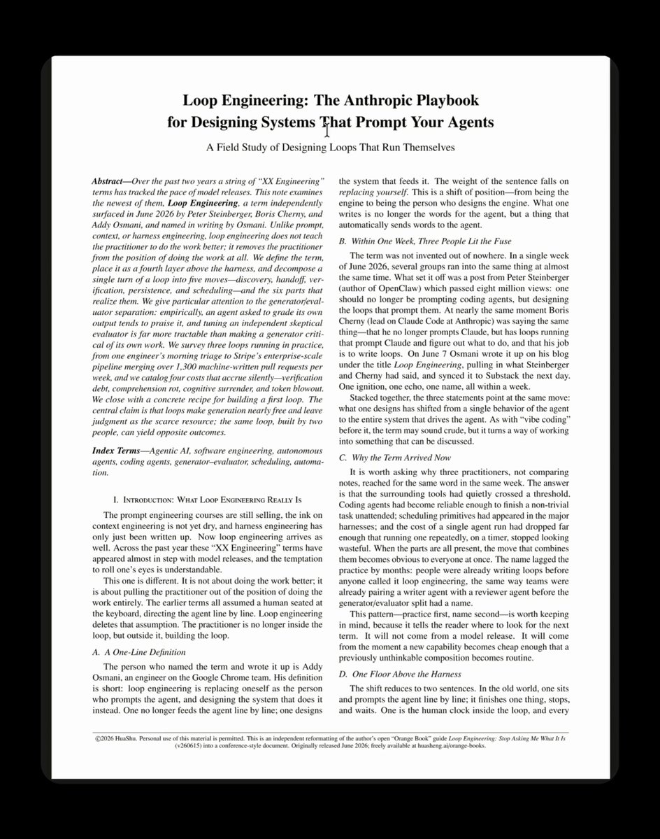 THIS 11-PAGE CLAUDE LOOP ENGINEERING PLAYBOOK IS THE CHEAT CODE FOR SENIOR DEV PROMOTIONS typing prompts line by line won't get you hired. you need to know how to design self-prompting loops: > Discovery: agent finds its own work from logs, failing tests, and commits > Handoff: tasks execute in isolated git worktrees to prevent parallel collisions > Verification: a second reviewer agent audits the builder's code to catch blind spots > Persistence and Scheduling: code writes to disk and loops run 24/7 on a timer the shift is simple: stop prompting the agent, build the system that prompts it read the full setup blueprint 👇
