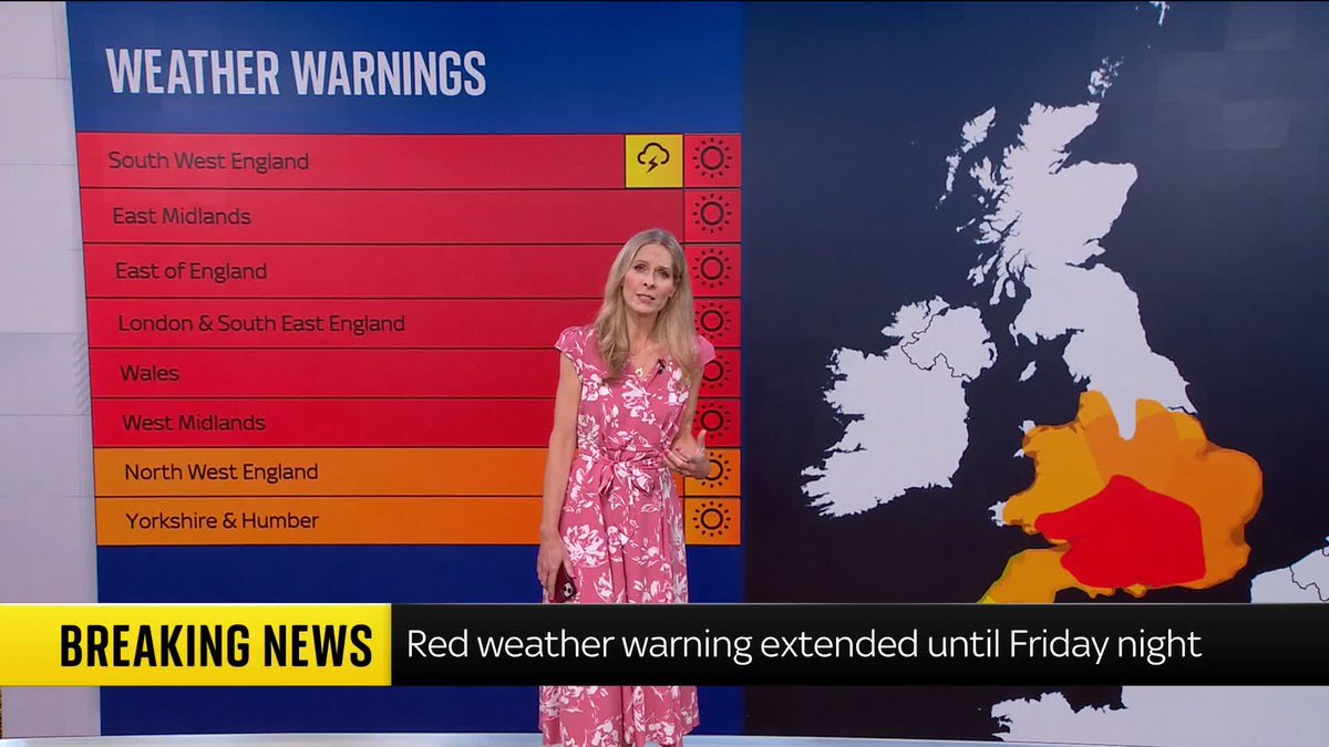 BREAKING: Red extreme heat warning extended into Friday 9pm Sky's broadcast meteorologist Kirsty McCabe FRMetS has the forecast 📺 Sky 501, Virgin 602, Freeview 233 and YouTube