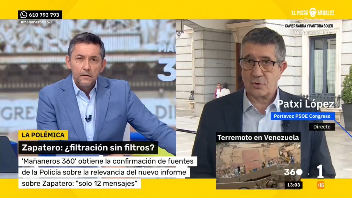Las filtraciones no son más que un ataque brutal al derecho a la intimidad de una persona. ¿En qué ayuda esto a la causa que está abierta? ¿en qué ayuda a la justicia? Está claro que esto forma parte de una cacería contra Zapatero y contra los socialistas. patxilopez en Mañaneros 360