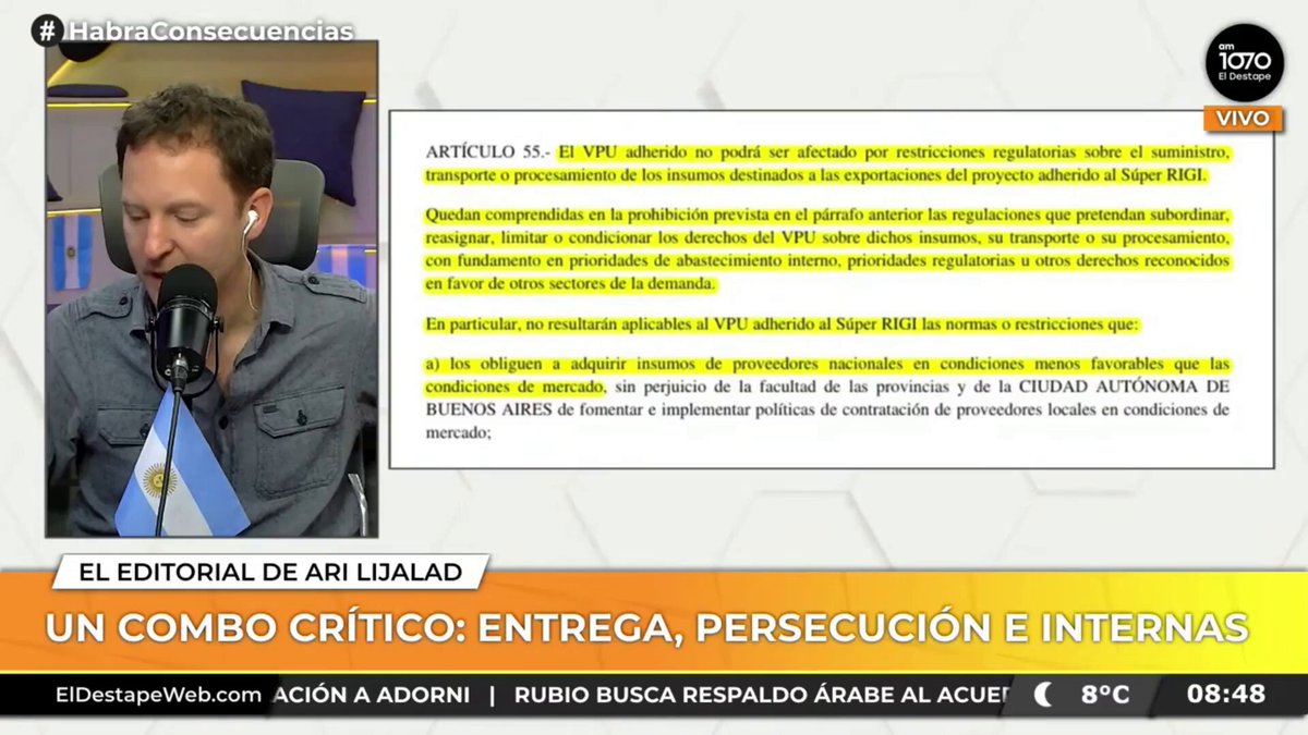 "La ley expresamente dice que el Estado no les puede exigir nada, no les puede prohibir nada, no les puede controlar nada. Te entrego este pedazo de mi país y me ato las manos". Esto es lo que votaron bajo el nombre de "Super RIGI". Así regalan toda la riqueza de la Argentina.