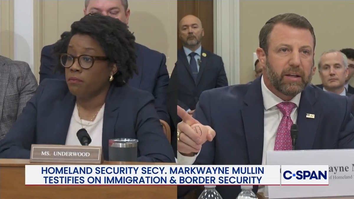 Heated exchange between Rep. Lauren Underwood and Secretary Markwayne Mullin on death rates in ICE detention centers. Secretary Mullin: "You need to be informed about what you're saying. Underwood: "I am informed." Mullin: "No, you're not."
