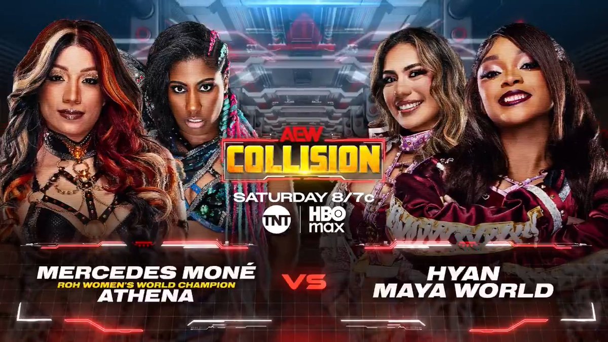 #AEWCollision 8/7c, TNT &amp; HBO Max This Saturday, 6/27 Último Moné/Athena is ROH & All Elite! vs maya world/HYAN ハイアン After attacking Maya last week, Mercedes &amp; Athena collide vs Maya/Hyan THIS SATURDAY, the night before Moné vs World in the Owen Hart Cup Final at #ForbiddenDoor!
