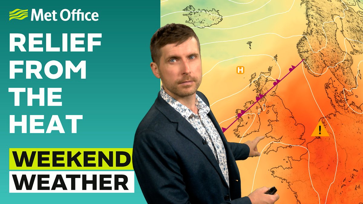 When will it cool down? 🌡️ The exceptional heat will continue for some into the weekend, but fresher air will spread from the west with some rain, turning thundery at times. Watch this weekend’s weather forecast with Alex Burkill ⤵️ 🧵 1/2