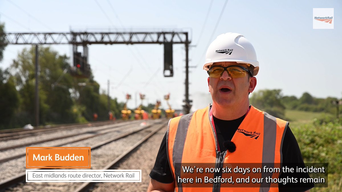 #Bedford Six days on, we've now completed a full track renewal. Overhead line installation is underway, with one wire run complete and the second in progress as we work to safely reopen your railway as quickly as possible. Our latest update from Mark Budden. East Midlands Railway (EMR)