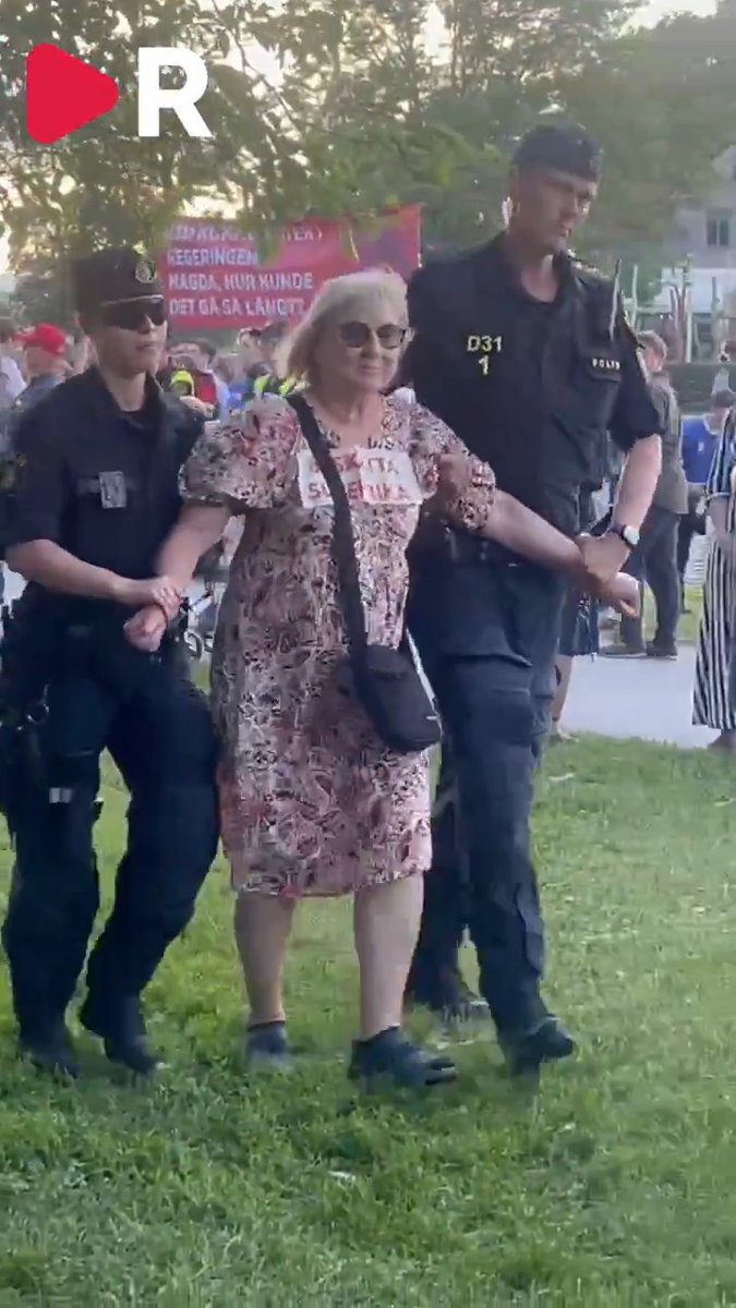 Här tar polisen aktivisterna under Magdalena Anderssons tal i Almedalen.