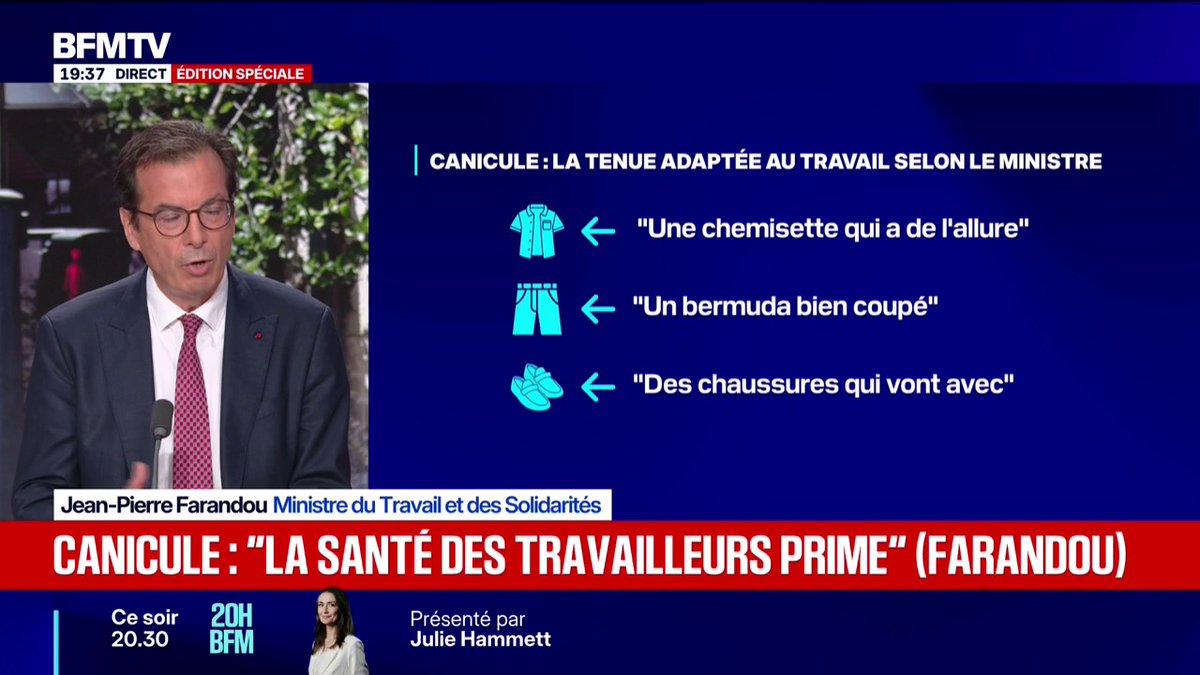 Tenue adaptée au travail en période de canicule: "Une chemisette impeccable et un bermuda bien coupé", selon Jean-Pierre Farandou, ministre du Travail et des Solidarités