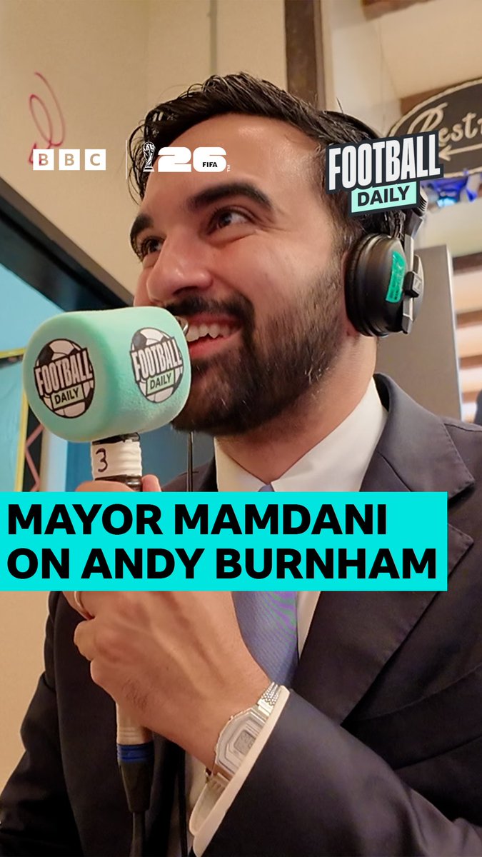 "I wish him well, I don't think he's an Arsenal fan though!" 😅 Mayor of New York City, Zohran Mamdani, talks MP Andy Burnham and whether the skills of being a city mayor are transferrable into leading the country. #FIFAWorldCup