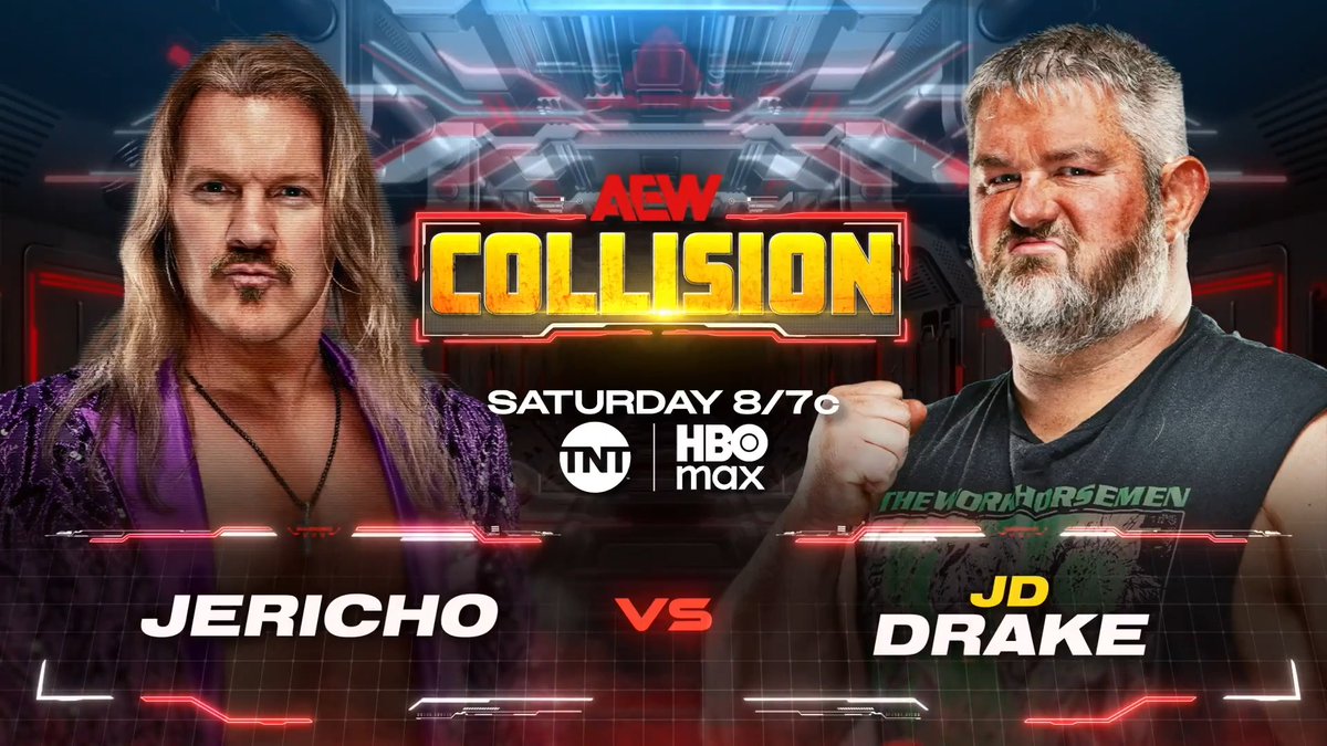 #AEWCollision 8/7c TNT & HBO Max This Saturday, 6/27 Chris Jericho vs "The Blue Collar Badass" JD Drake With his match at #AEWDynamite Beach Break vs Tommaso Ciampa official & being left bloodied by Ciampa, Jericho wants to show how serious he's taking Ciampa when he COLLIDES vs JD Drake, SATURDAY!
