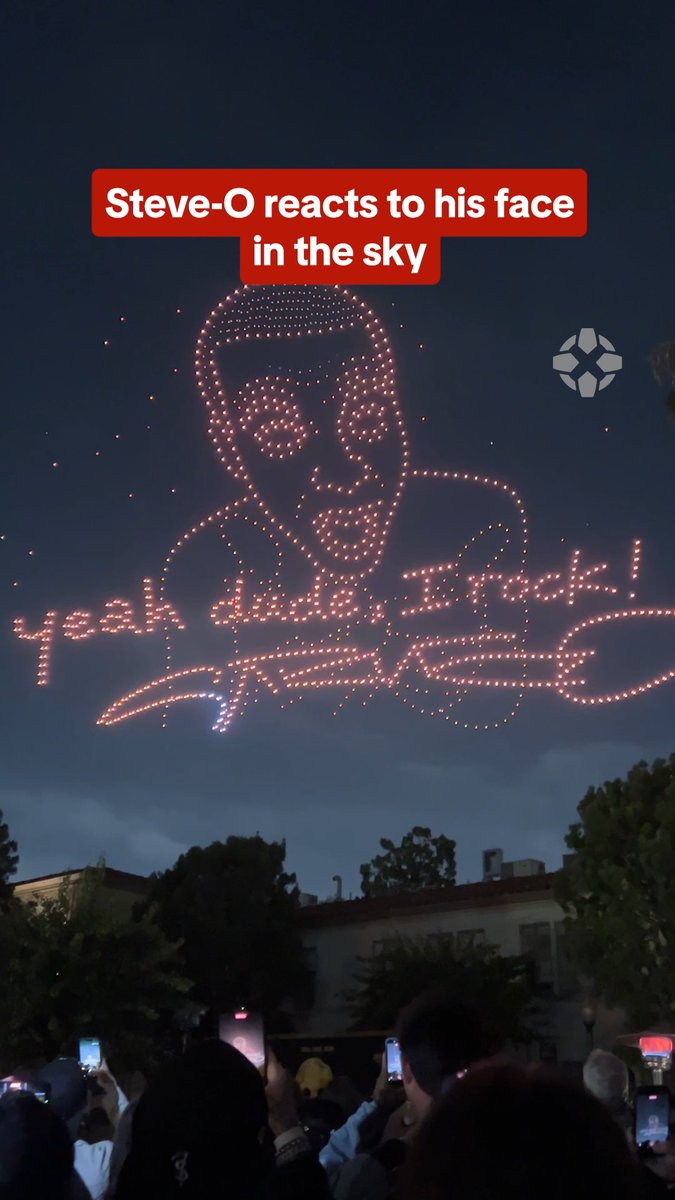 Steve-O from Jackass reacts to his face in the sky at the premiere of Jackass: Best and Last