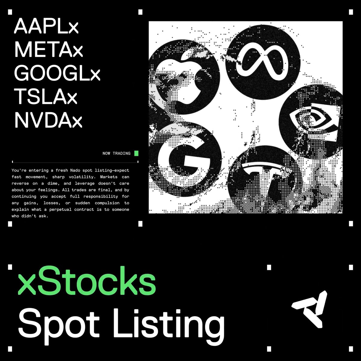 Post xStocks as collateral for your trades. AAPLx, METAx, GOOGLx, TSLAx and NVDAx are now live for spot trading on Nado. Equity exposure, perps and money market positions are evaluated together under one risk engine. Tokenized stocks backing any position you hold. Native on Nado.