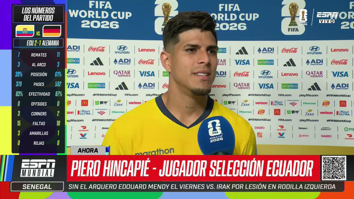 🗣️“ES UN JUGADOR FANTÁSTICO” ✍️🇪🇨 Piero Hincapié elogió a 🇪🇨 Nilson Angulo por su golazo en el gran triunfo sobre Alemania. ⚽ #ESPNMundial 📺 Mira los mejores partidos de la #FIFAWorldCup por ESPN, en el Plan Premium de #DisneyPlus