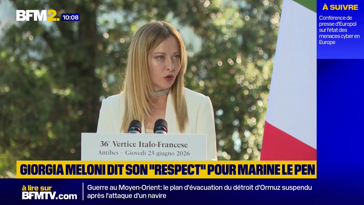 💬"Je suis une personne qui ne croit pas automatiquement à tout ce qu'elle lit" En déplacement à Antibes, Giorgia Meloni dit "son respect" pour Marine Le Pen #BFM2