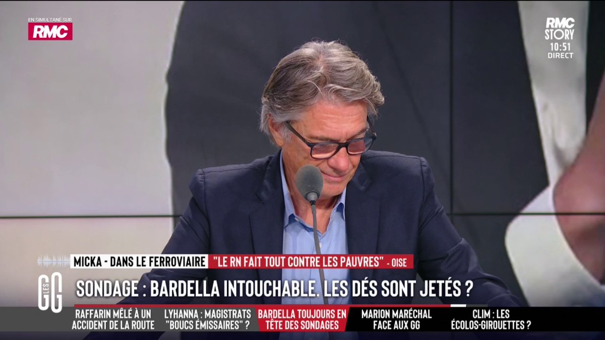 📈 Bardella toujours intouchable… Les dés sont jetés ? 📞 Micka, au 3216 : "Qui a posé la question du sondage ? Moi dans mon village, 100 % des gens votent LFI. C'est mieux d'avoir 0 étranger et de fermer des hôpitaux ? C'est une meilleure question." #GGRMC