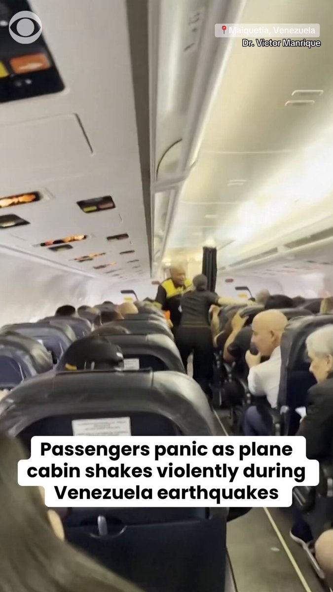 Passengers aboard a stationary plane panicked as the cabin shook violently during a tremor as two back-to-back earthquakes hit Venezuela. Video shows travelers evacuating the aircraft and walking through Venezuela's main airport near Caracas, which sustained heavy damage in the quakes.
