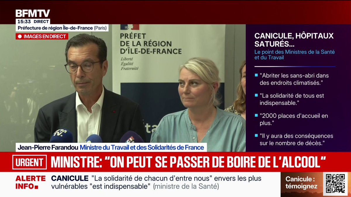 Canicule: "Je pense qu'on peut se passer de boire de l'alcool dans les jours qui viennent", affirme Jean-Pierre Farandou, ministre du Travail et des Solidarités