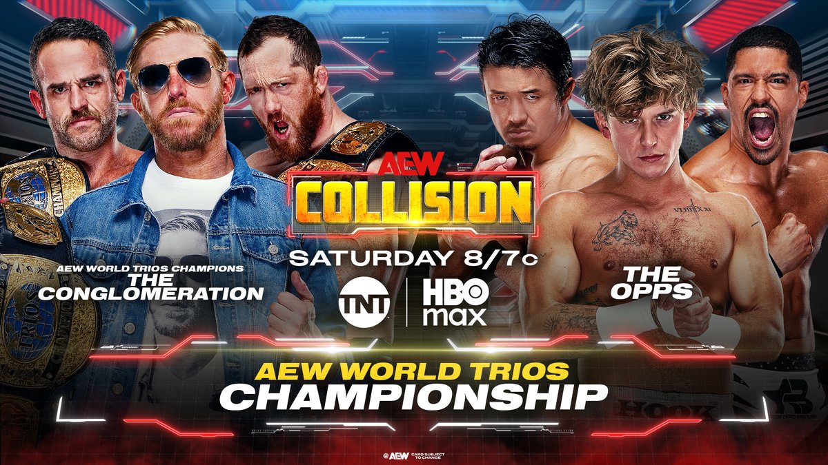#AEWCollision 8/7c TNT & HBO Max Tomorrow, 6/27! Trios Title @OrangeCassidy/@KORCombat/@RoderickStrong vs @730HOOK/柴田勝頼 / Katsuyori Shibata/Anthony Bowens After their Global Wars win, the Opps vow to keep OC, Roddy & Kyle from making it to #ForbiddenDoor & take their gold, TOMORROW!