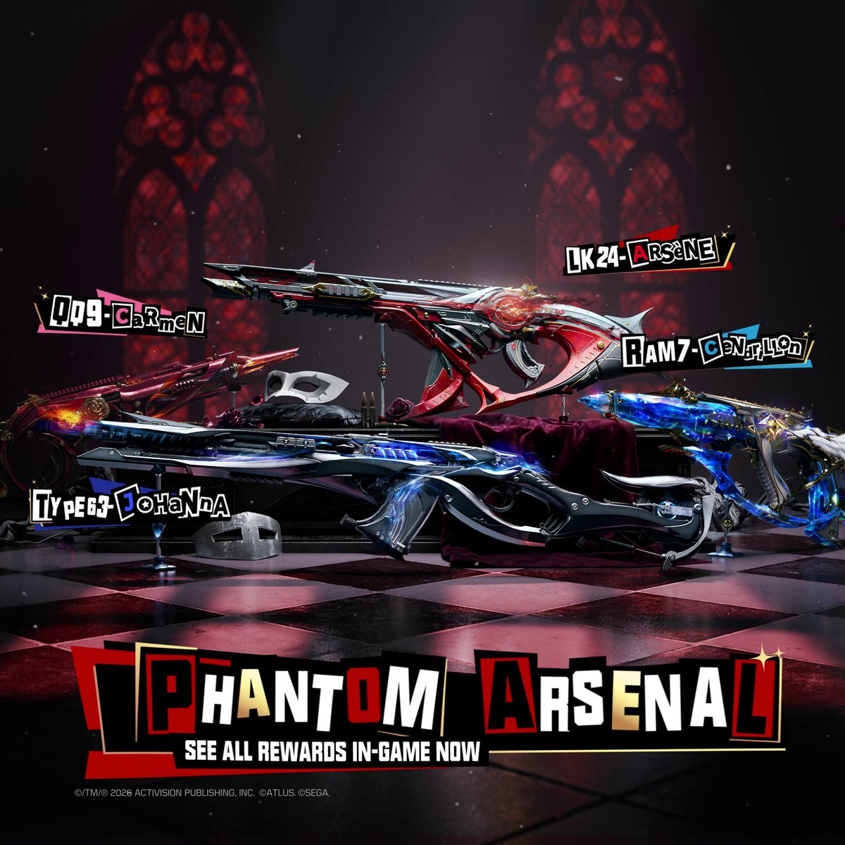 Pick up Legendary Weapons inspired by Persona 5 Royal in the Phantom Arsenal Series Armory! 🃏 LK24 - Arsène 😸 QQ9 - Carmen 👑 Type 63 - Johanna 🗡️ Ram 7 - Cendrillon