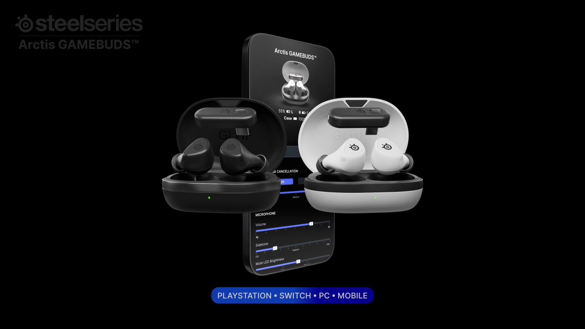 GAMING EARBUDS. NOW PLAYING. FOR GLORY. 🔌 10hr battery life (40 w/Qi Charging Case) 🛜 2.4GHz wireless + Bluetooth 🦻 Active noise canceling 🎮 100+ game-specific audio presets with the mobile companion app 💦 IP55 protection >>>