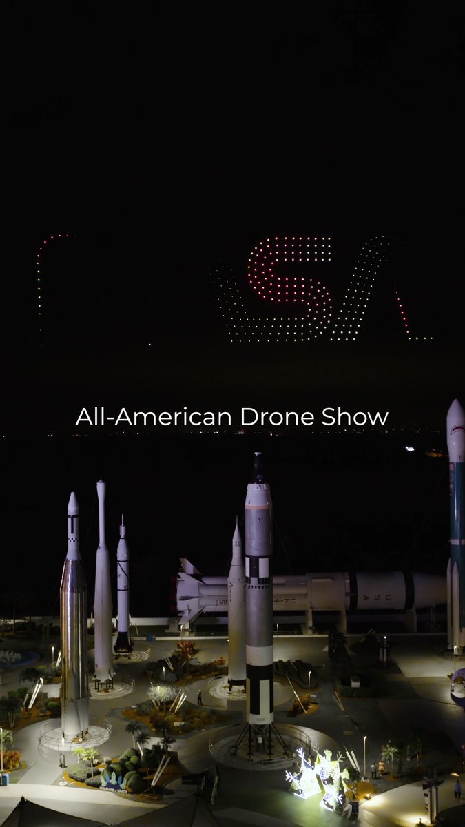 One night only! 🇺🇸 Our All-American Drone Show takes you on a patriotic journey through America's space program over the Rocket Garden. From Apollo to Artemis, watch extraordinary eras of exploration materialize in the sky. Don't miss this celebration of the United States' 250th anniversary, included with admission! 🚀