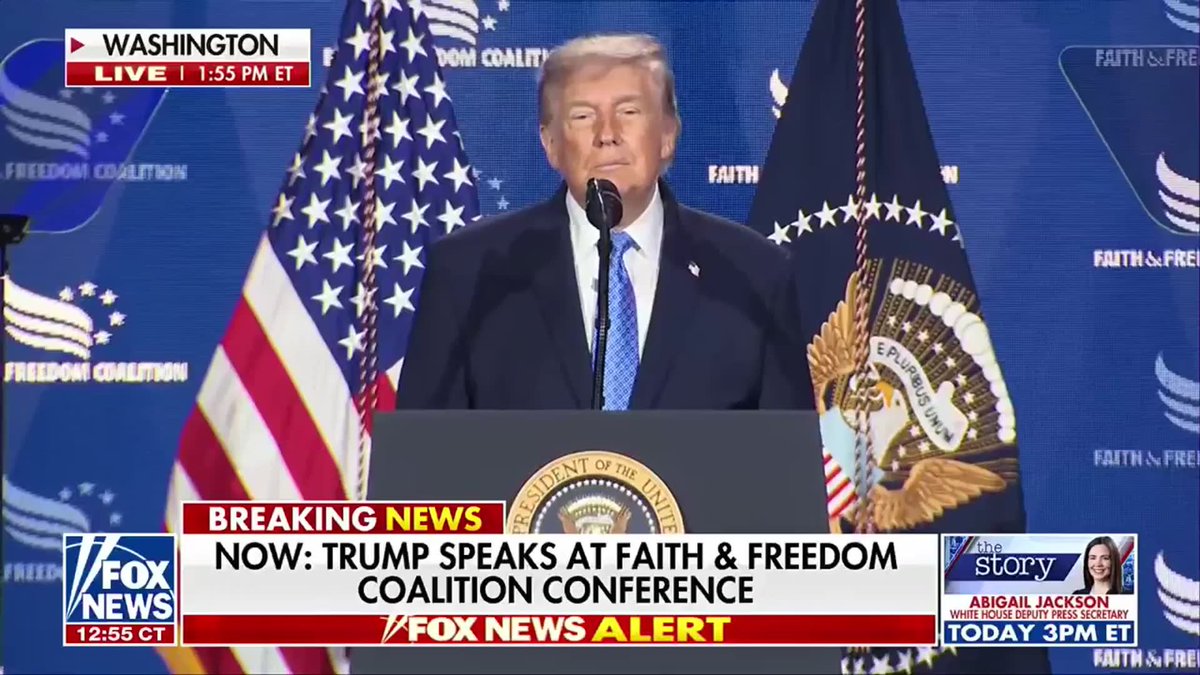 NOW: President Trump kicks off his speech at the Faith & Freedom Coalition Conference with a joke about returning to the Washington Hilton for the first time since the failed assassination attempt on his life took place there during the WHCA Dinner: "I remember this place not so long ago... Hopefully, we'll have a little more pleasant. We're going to have a little more pleasant experience."